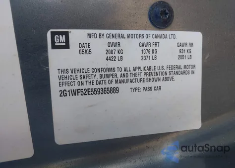 2005 Chevrolet Impala z USA, uszkodzony, nr VIN 2G1WF52E559365889